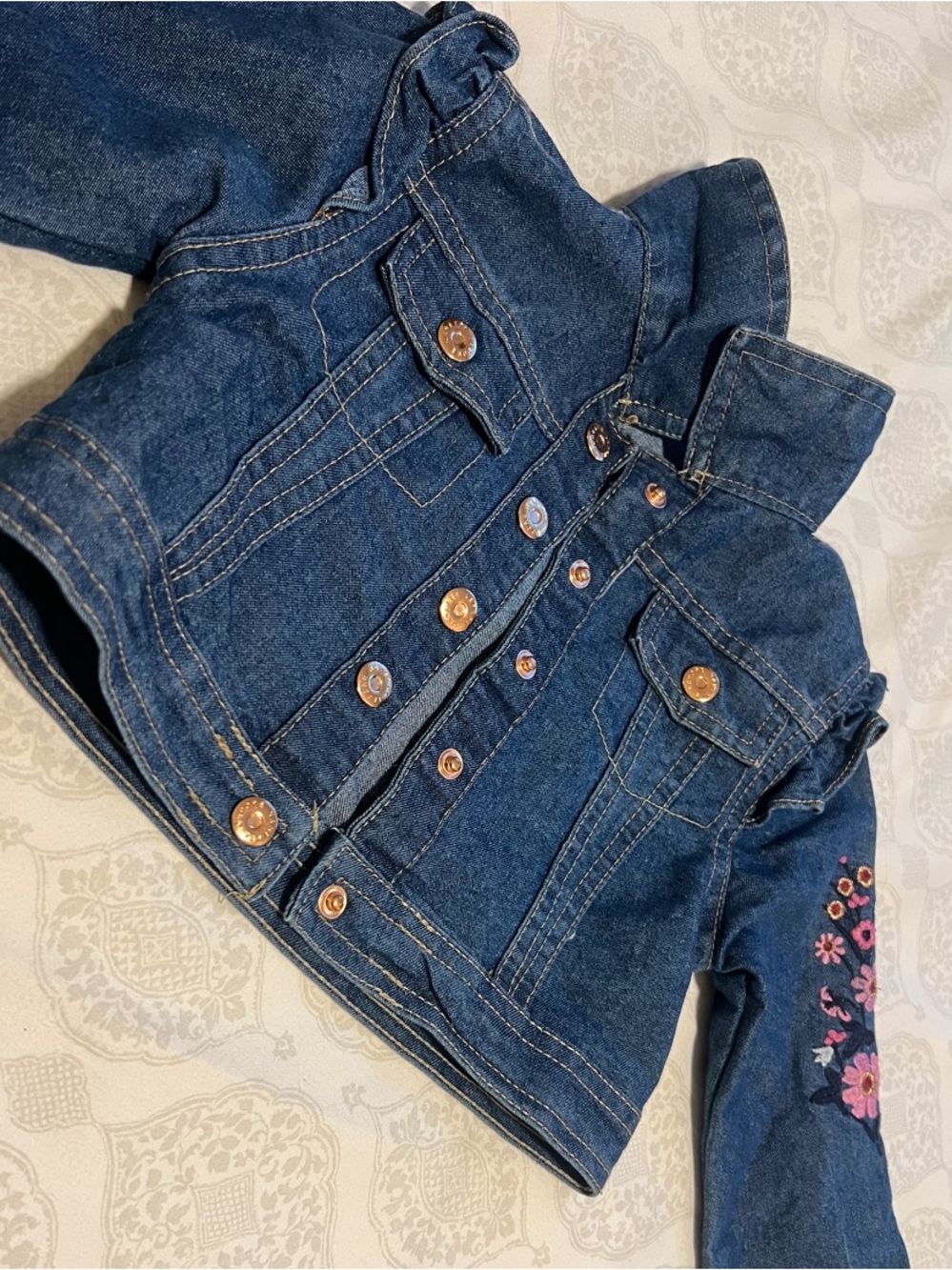 Nanette Lepore Girls' Dark Blue Denim Jacket with Pink Floral Embroidery